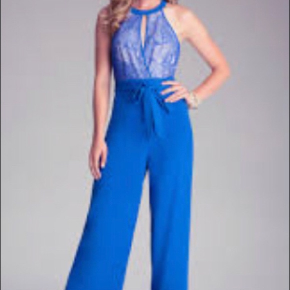 Blue Lace Bodice Wide Leg Jumpsuit